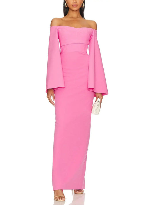 Flared-Sleeve Off-The-Shoulder Maxi Dress in Pink - Branna Couture