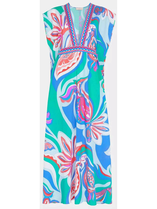 Floral Abstract Printed Deep V-neck Seersucker Dress - Branna Couture