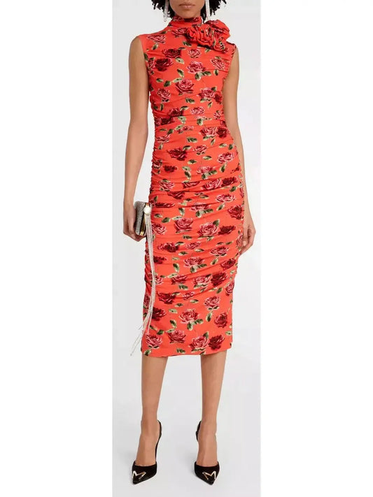 Floral-Appliqué Printed Midi Dress - Branna Couture