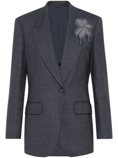 Floral-Appliqué Single-Breasted Blazer in Grey Branna Couture