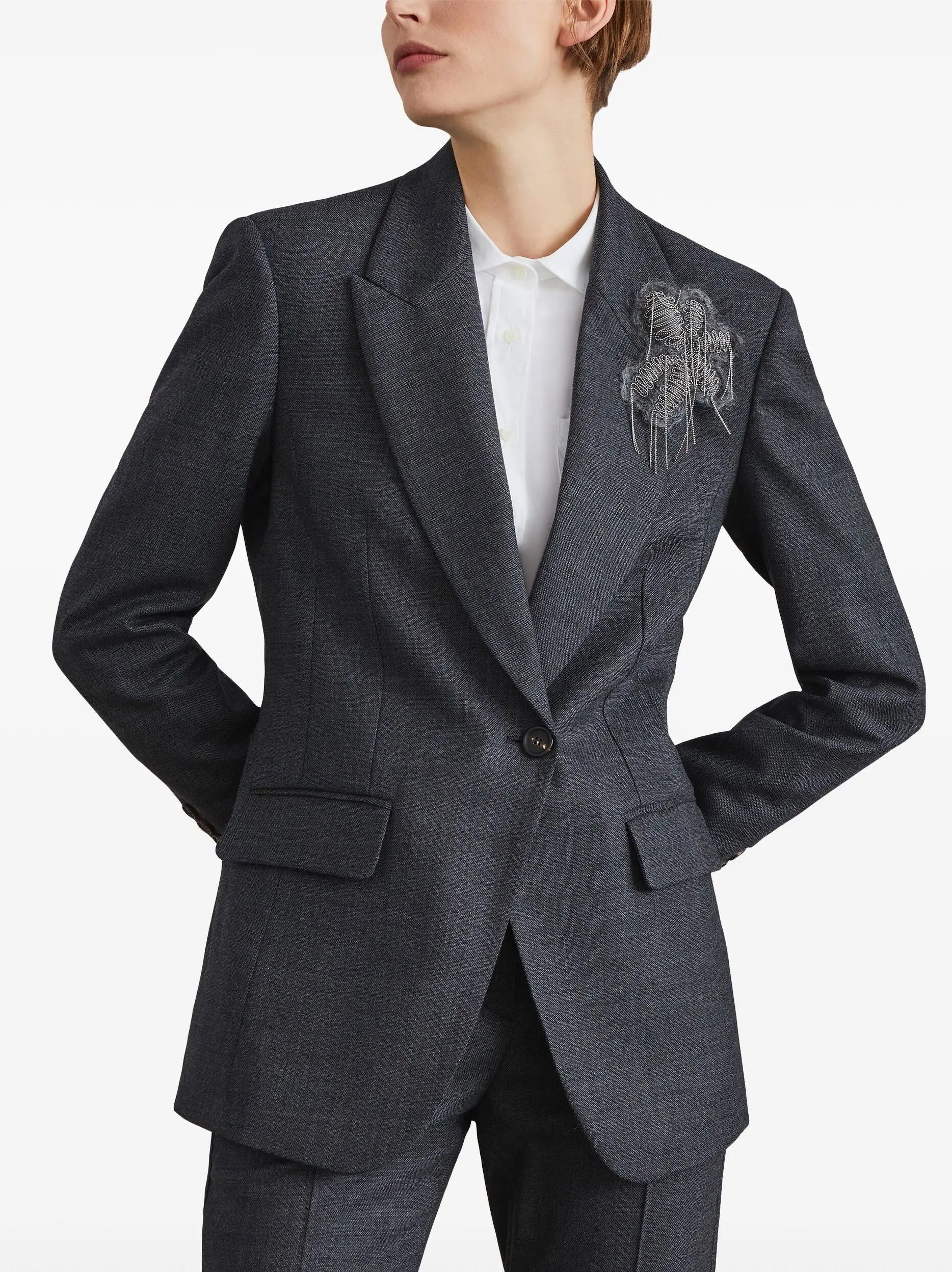 Floral-Appliqué Single-Breasted Blazer in Grey Branna Couture