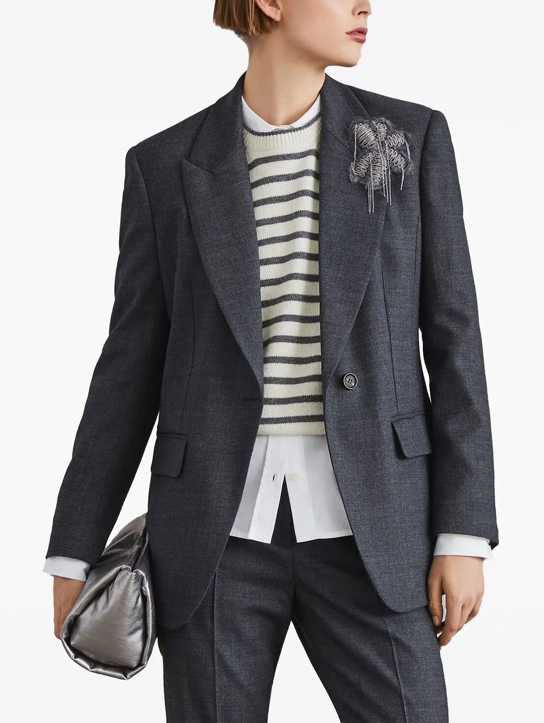 Floral-Appliqué Single-Breasted Blazer in Grey Branna Couture