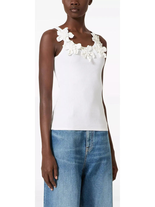 Floral-Appliqué White Cotton Tank Top - Branna Couture