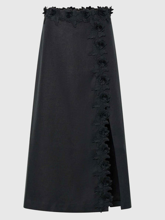 Floral-Applique Linen Midi Skirt in Black Branna Couture