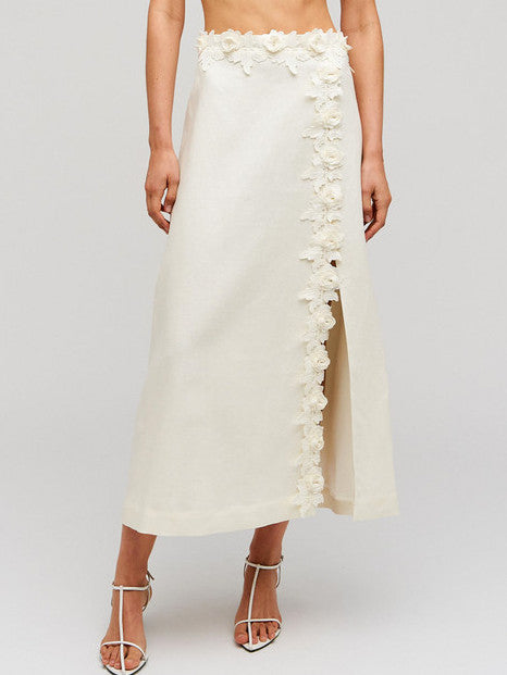 Floral-Applique Linen Midi Skirt in Cream Branna Couture