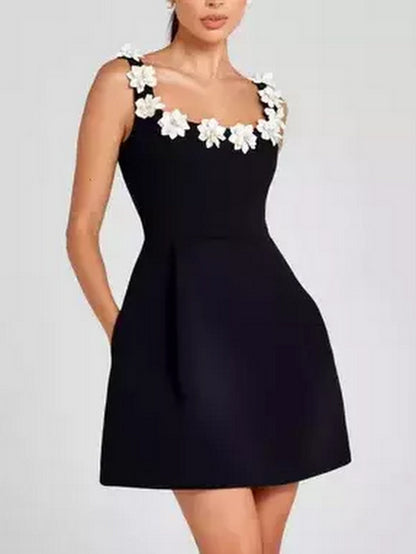 Floral-Applique Contrast Stretch A-Line Mini Dress Branna Couture