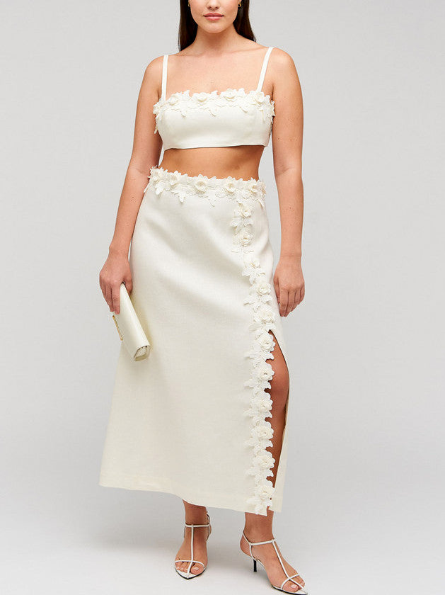 Floral-Applique Linen Midi Skirt in Cream Branna Couture