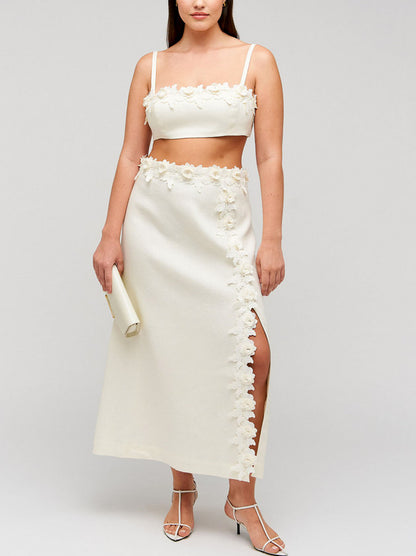 Floral-Applique Linen Midi Skirt in Cream Branna Couture