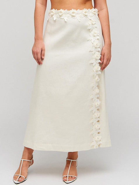 Floral-Applique Linen Midi Skirt in Cream Branna Couture