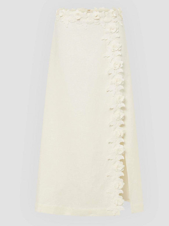 Floral-Applique Linen Midi Skirt in Cream Branna Couture