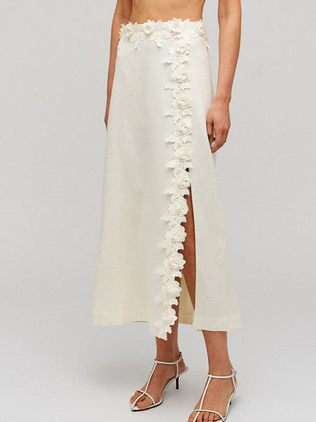 Floral-Applique Linen Midi Skirt in Cream Branna Couture