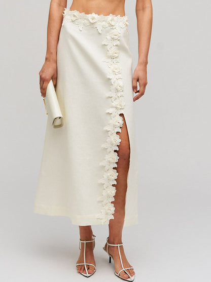 Floral-Applique Linen Midi Skirt in Cream Branna Couture