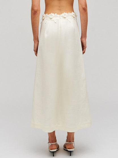 Floral-Applique Linen Midi Skirt in Cream Branna Couture