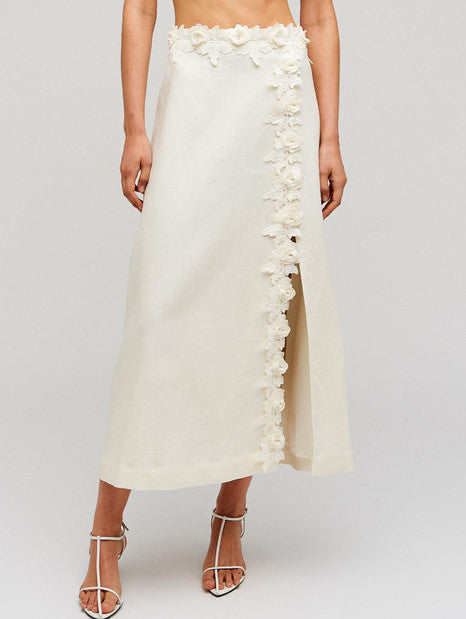 Floral-Applique Linen Midi Skirt in Cream Branna Couture