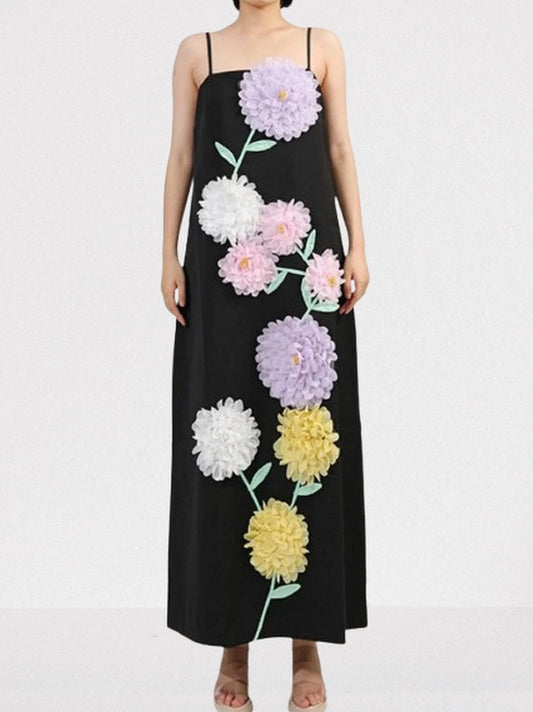 Floral Appliqued Sleeveless Maxi Dress S / Black