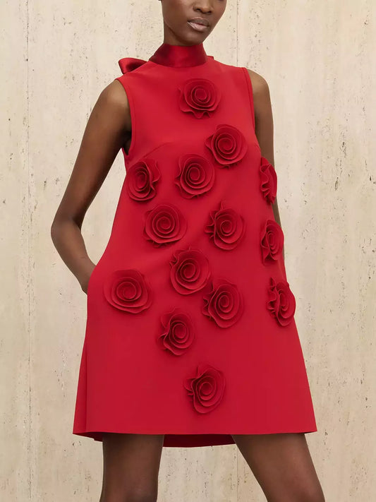 Women’s Floral-Appliqued Sleeveless Red Mini Dress Branna Couture