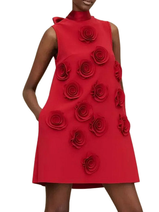 Floral-Appliqued Sleeveless Red Mini Dress