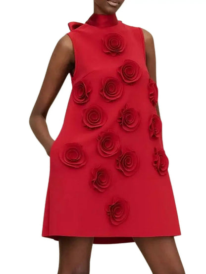 Floral-Appliqued Sleeveless Red Mini Dress - Small - Dresses
