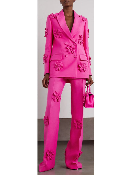 Floral-Appliques Blazer and Pant Suit in Fuchsia Pink - Branna Couture