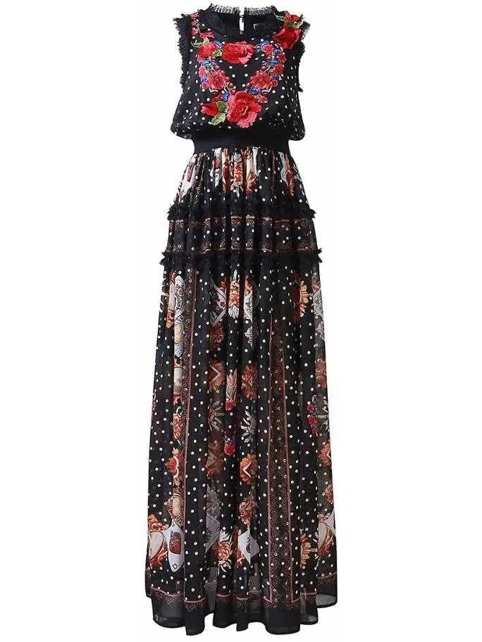 Floral Appliques Printed Mesh-Ruffled-Trim Maxi Dress - Branna Couture