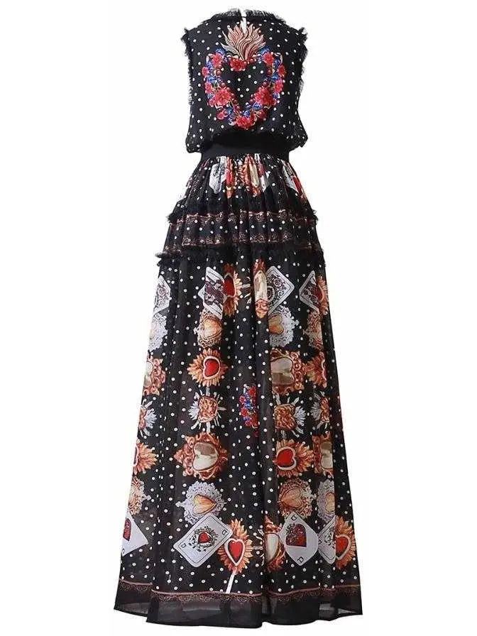 Floral Appliques Printed Mesh-Ruffled-Trim Maxi Dress - Branna Couture