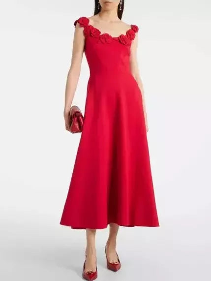 Women’s Floral-Appliques Sleeveless A-Line Red Midi Dress Branna Couture