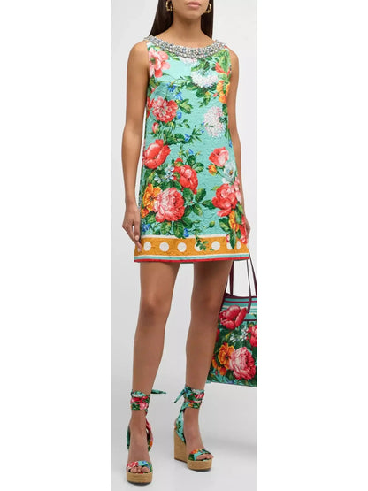 Floral Border-Print Crystal Sleeveless Jacquard Mini Dress - Branna Couture