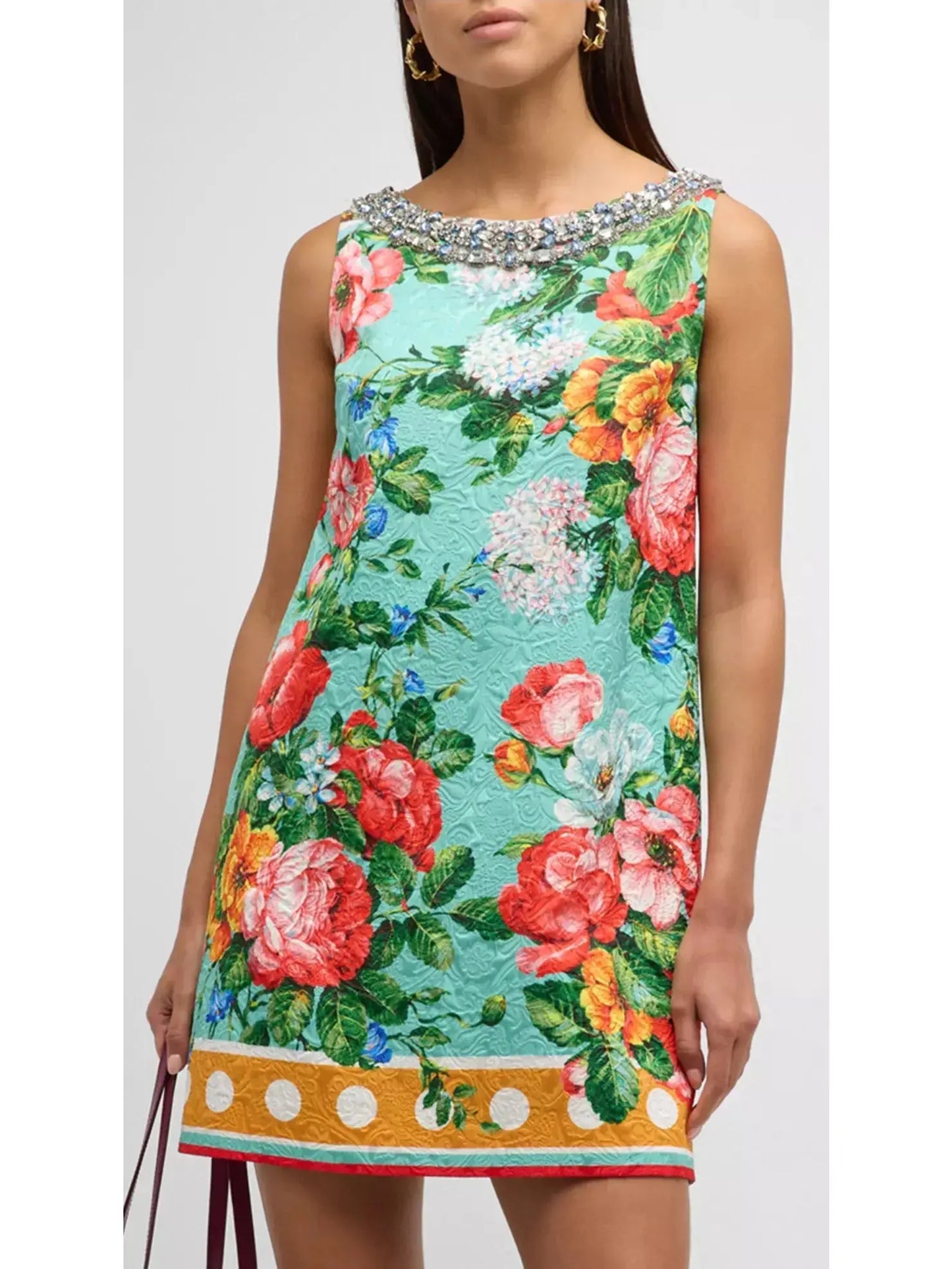 Floral Border-Print Crystal Sleeveless Jacquard Mini Dress - Branna Couture