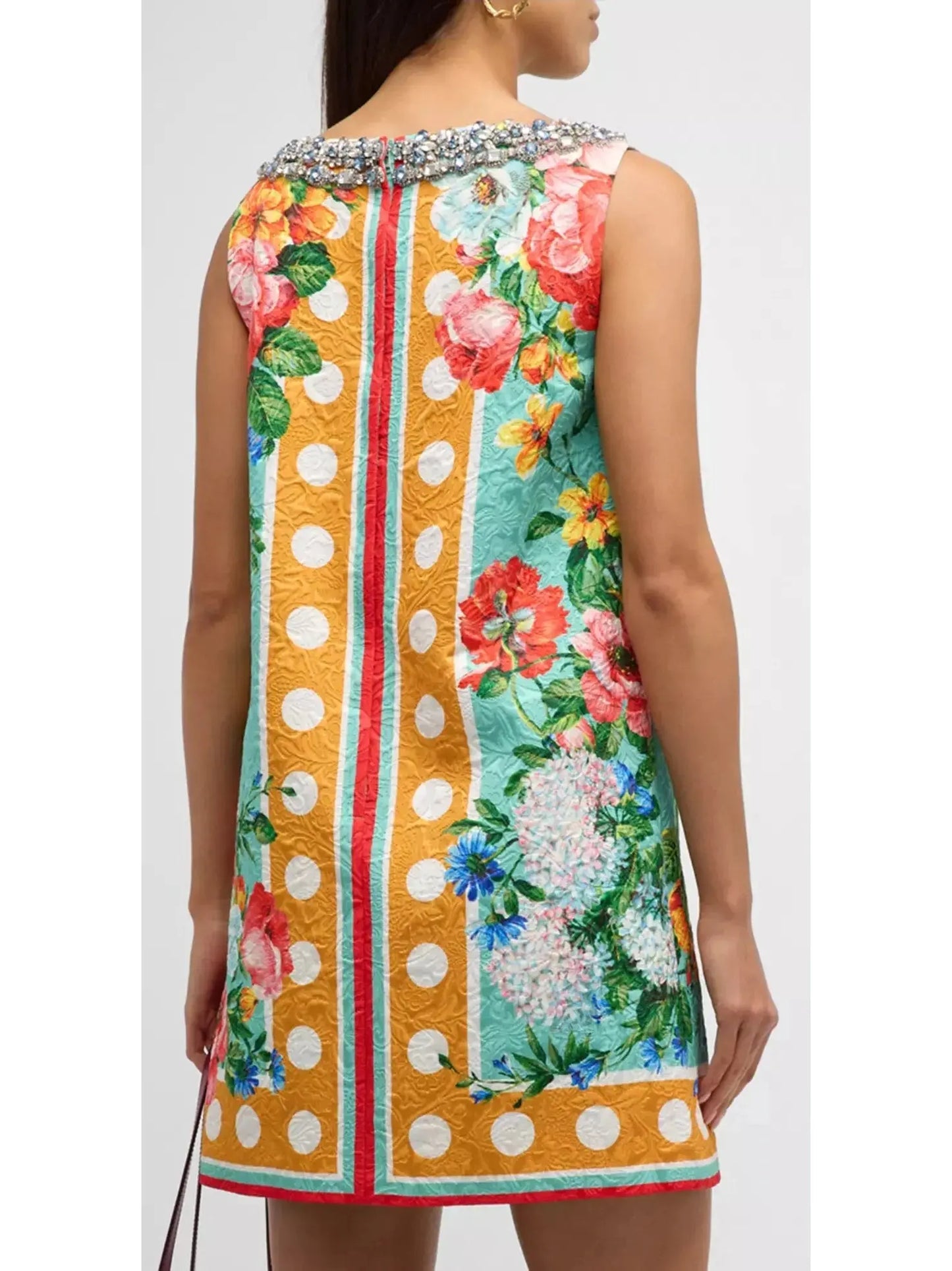 Floral Border-Print Crystal Sleeveless Jacquard Mini Dress - Branna Couture