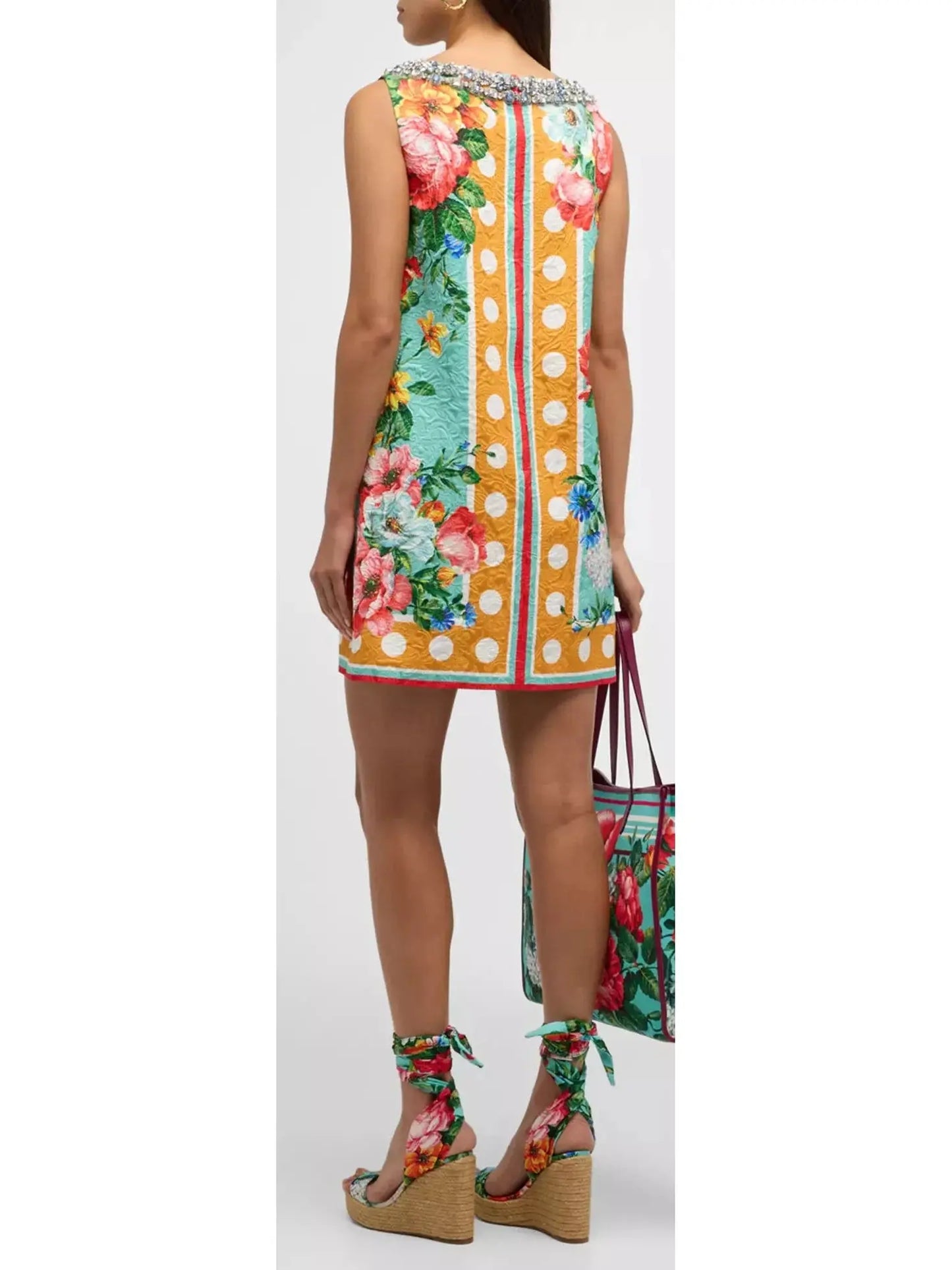 Floral Border-Print Crystal Sleeveless Jacquard Mini Dress - Branna Couture