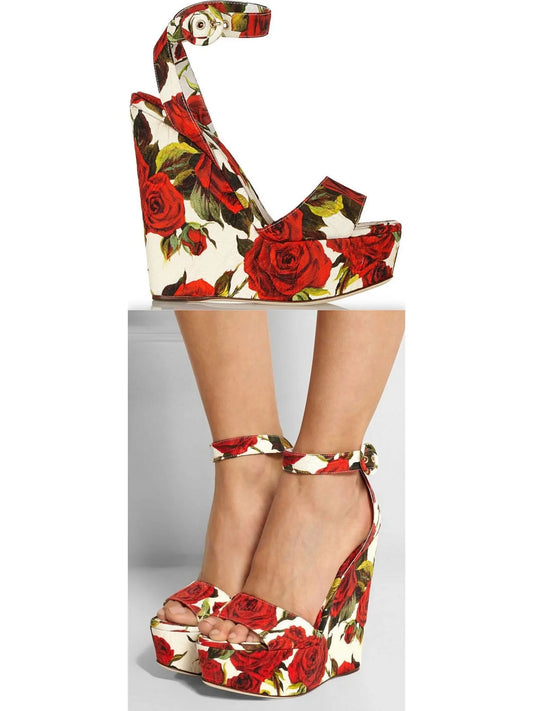 Floral Brocade Fabric Wedge Sandals - Branna Couture