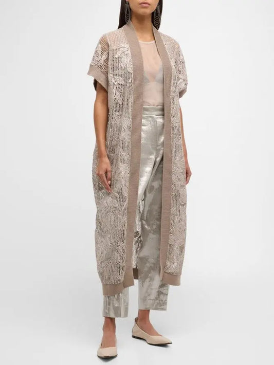 Floral-Embroidered Knit Net Sleeveless Long Cardigan - Branna Couture