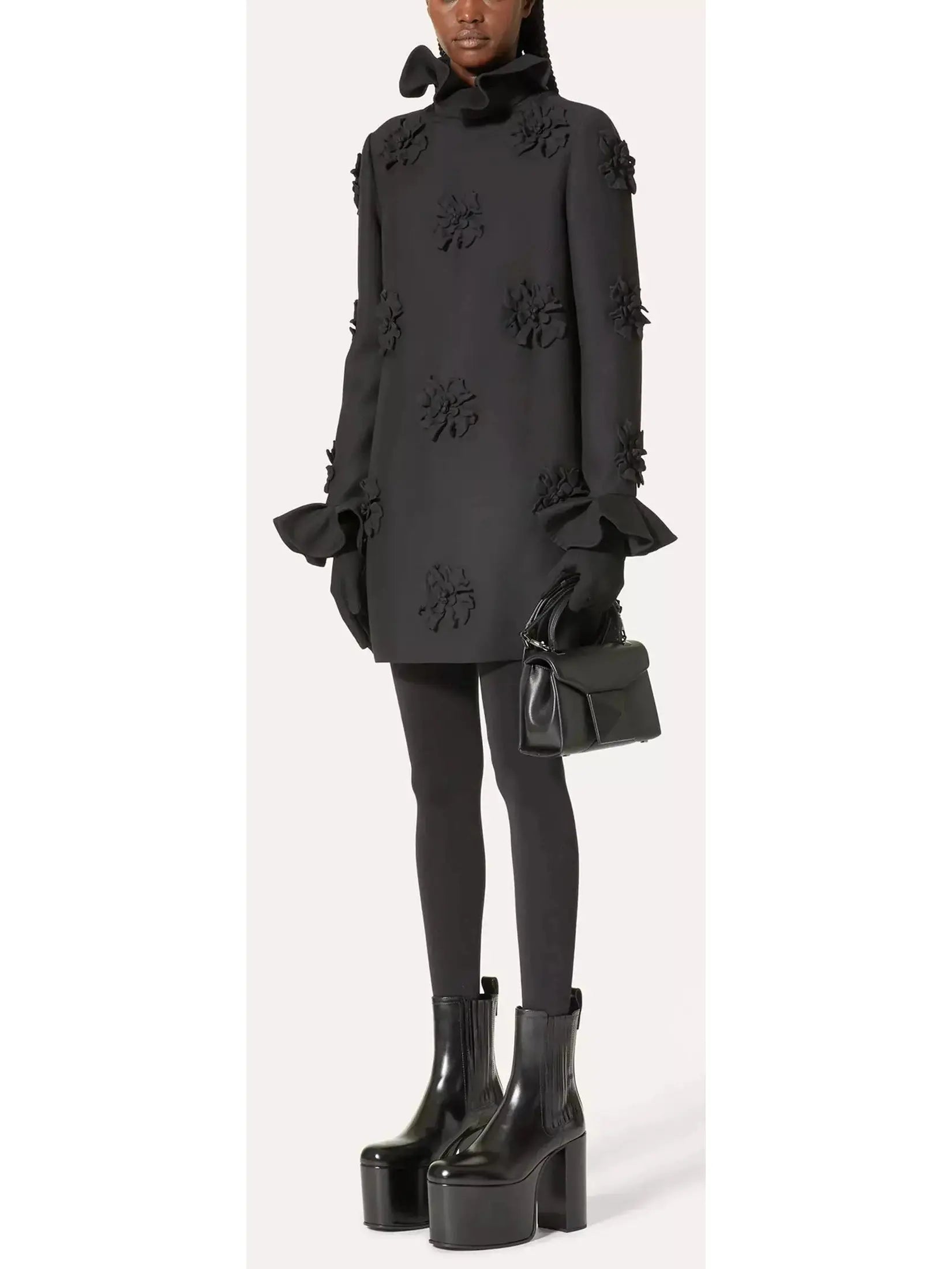 Floral-Embroidered Short Crepe Dress in Black - Branna Couture