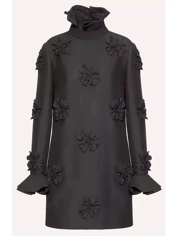 Floral-Embroidered Short Crepe Dress in Black - Branna Couture