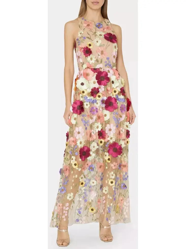 Floral-Embroidered Sleeveless Mesh Gown - Branna Couture