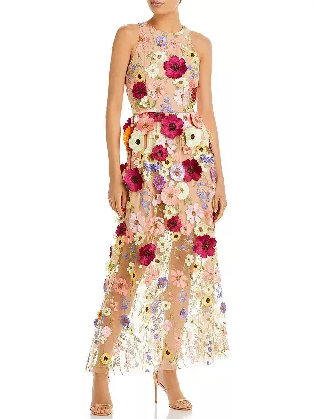 Floral-Embroidered Sleeveless Mesh Gown - Branna Couture