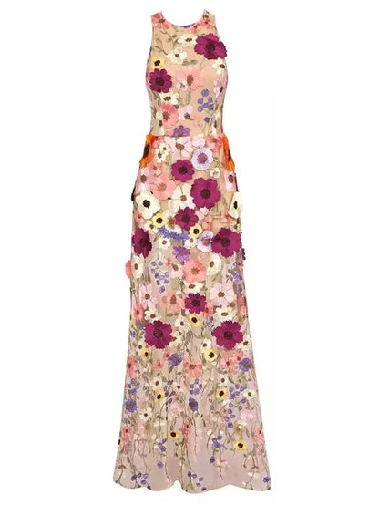 Floral-Embroidered Sleeveless Mesh Gown - Branna Couture