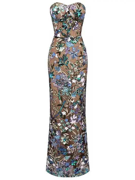 Floral Embroidered Strapless Long Dress - Branna Couture