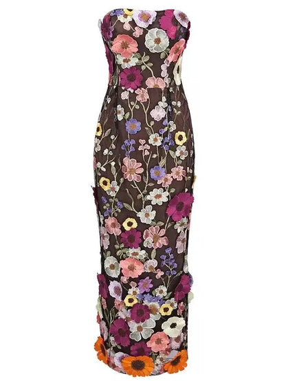 Floral-Embroidered Strapless Midi Dress - Branna Couture