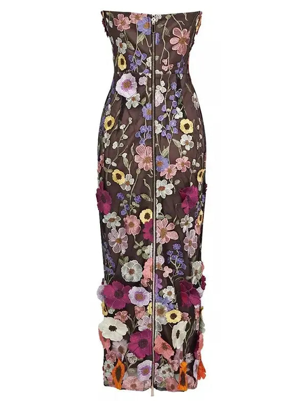 Floral-Embroidered Strapless Midi Dress - Branna Couture