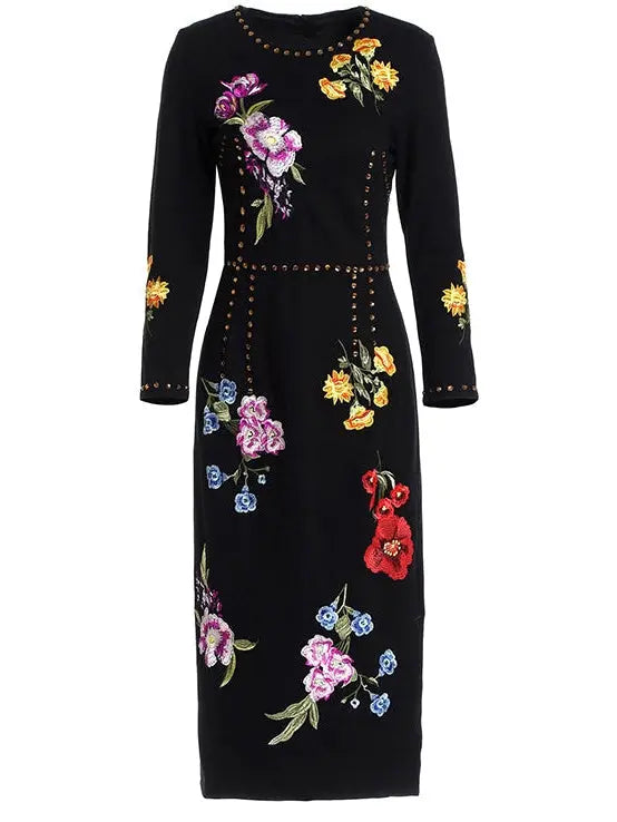 Floral-Embroidered Studded Dress - Branna Couture