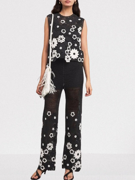 Floral-Embroidered Crochet Knit Top and Pant Set - Small - Suits & Sets