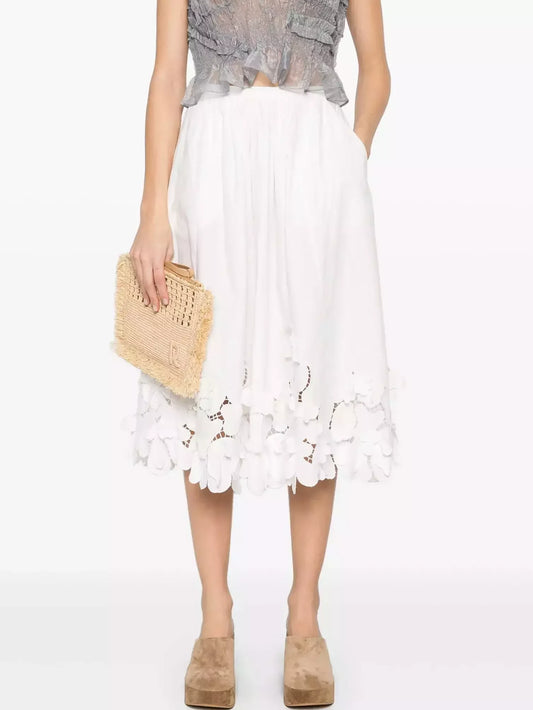 Floral-Embroidered Midi Skirt in White - Small - Skirts