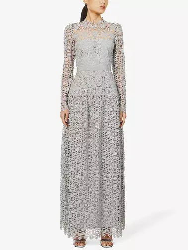 Floral-Embroidered Semi-Sheer Lace Gown in Gray - Branna Couture