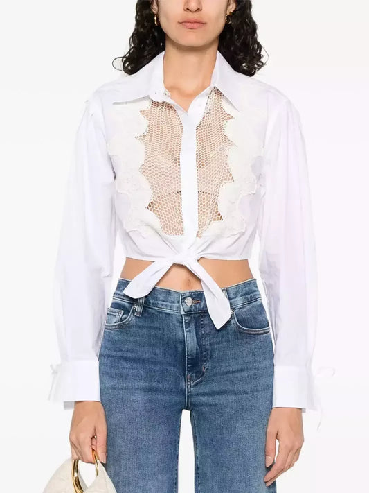 Floral-Embroidered Tie-Waist White Shirt - Small - Tops