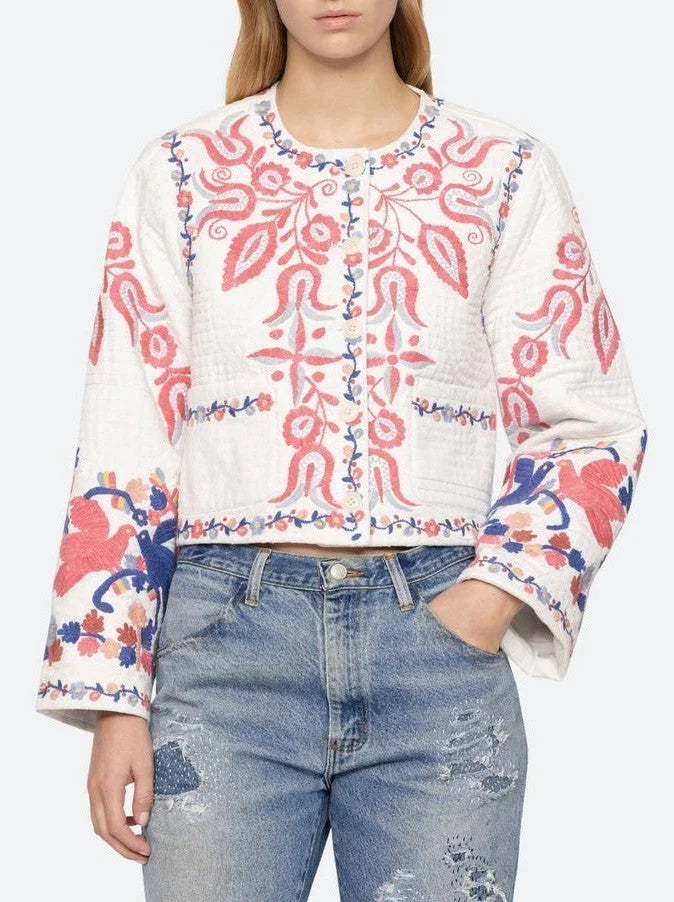 Floral-Embroidered White Cotton Copped Jacket - Small - Jackets