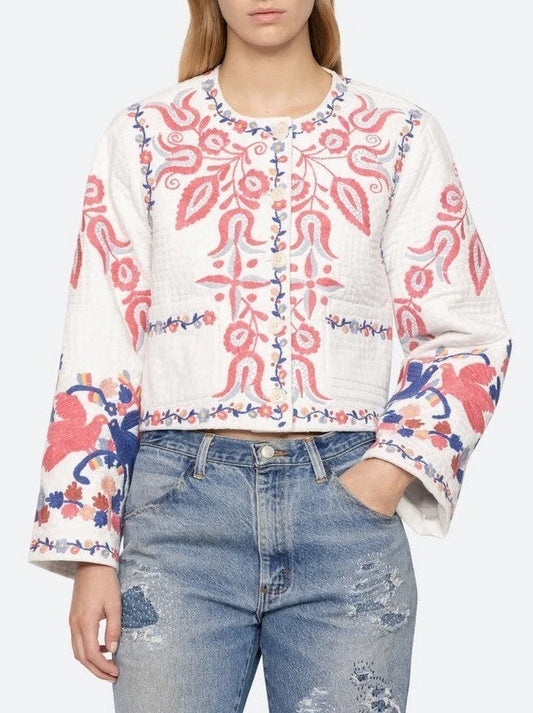 Floral-Embroidered White Cotton Copped Jacket - Small - Jackets