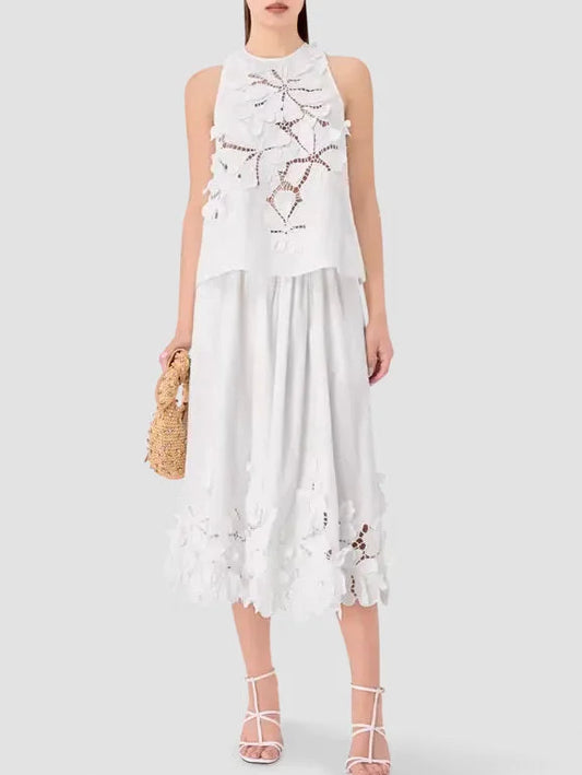 Floral-Embroidered White Top and Skirt Set - Small - Suits & Sets