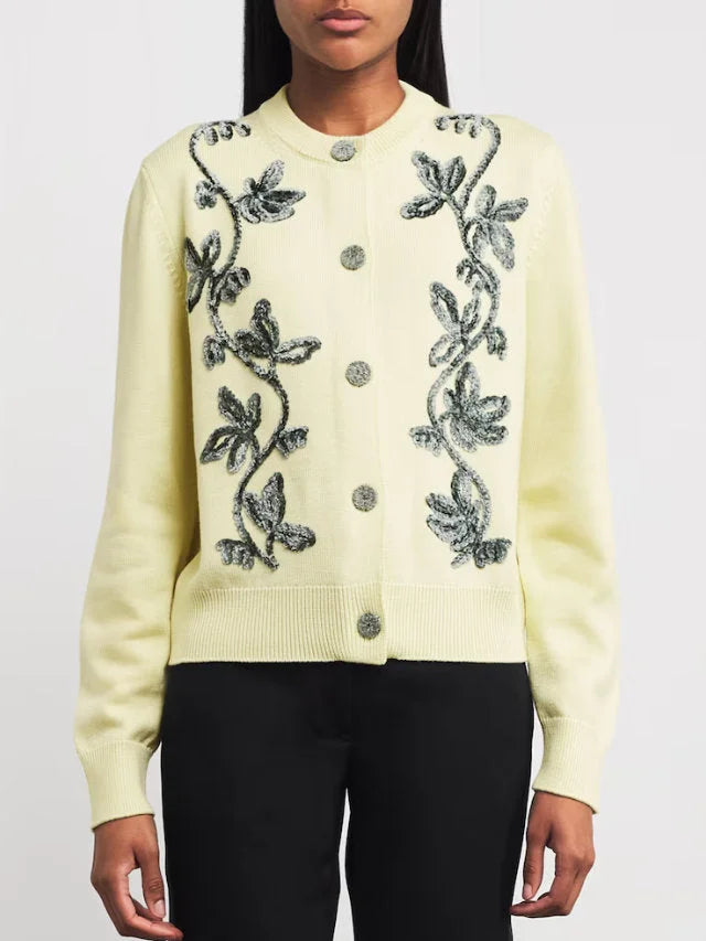Floral-Embroidered Wool Cardigan Sweater - Small / Yellow - Sweaters & Knitwear