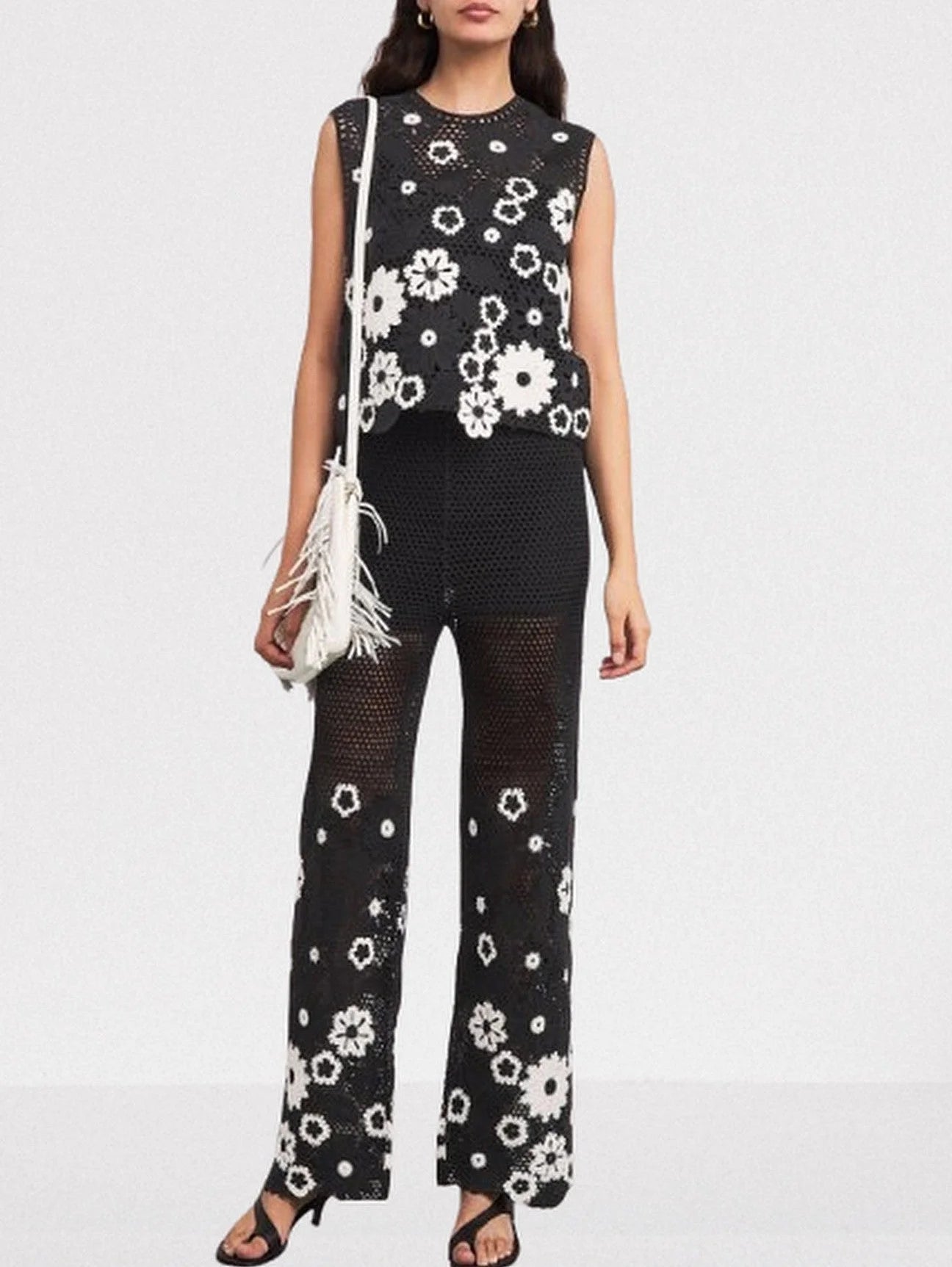 Floral-Embroidered Crochet Knit Top and Pant Set - Suits & Sets